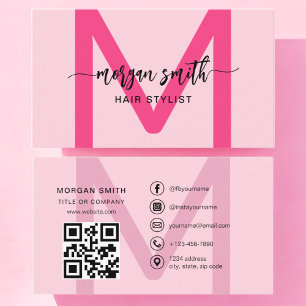 Shock rosa Modern QR-kodskript Girly Monogram Namn Visitkort