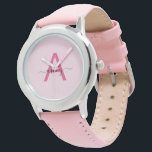 Shock rosa Modern Script Girls Monogram Namn Armbandsur<br><div class="desc">Vi presenterar en tidlös tillbehör som är designad för dem med en märkbar smakupplevelse av elegans. Den här monogramklockan i anpassningsbarna, som innehåller det första "A"-shock rosa i ett modernt skript, kombinerar utan problem sofistikering med ett lekfullt pop av färg. Det mjuka läderbandet ger komfort och lyx, medan det eleganta...</div>