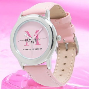 Shock rosa Modern Script Girls Monogram Namn Armbandsur