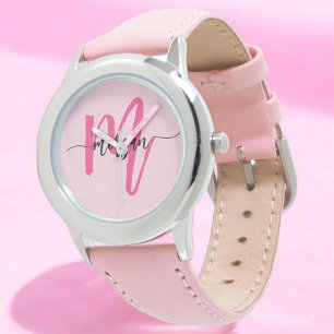 Shock rosa Modern Script Girls Monogram Namn Armbandsur