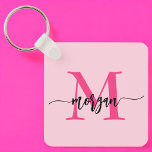 Shock rosa Modern Script Girly Monogram Namn<br><div class="desc">Behålla nycklar i stil med vår Shock rosa, moderna skriptkedja med gigantiskt monogram Namn-nyckelkedja! Den här nyckelkedjan har en sjudande shock rosa och är en personlig med ditt namn i ett modernt skript i chicen för en anpassningsbar och ett modest tryck. Perfekt för att tillföra lite luft till nycklar eller...</div>