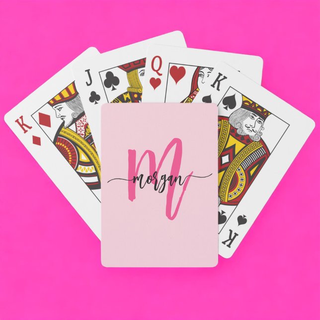 Shock rosa Modern Script Girly Monogram Namn Casinokort (Skapare uppladdad)