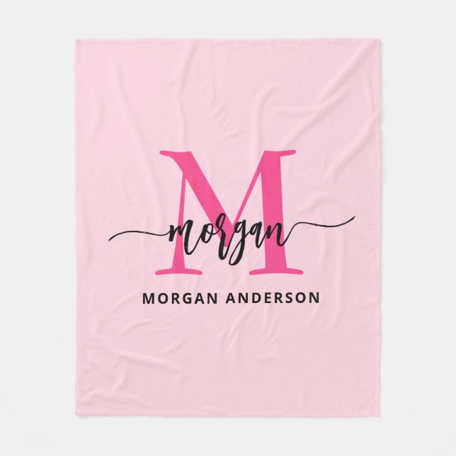 Shock rosa Modern Script Girly Monogram Namn Fleecefilt (Framsidan)
