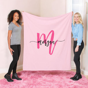 Shock rosa Modern Script Girly Monogram Namn Fleecefilt
