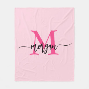 Shock rosa Modern Script Girly Monogram Namn Fleecefilt