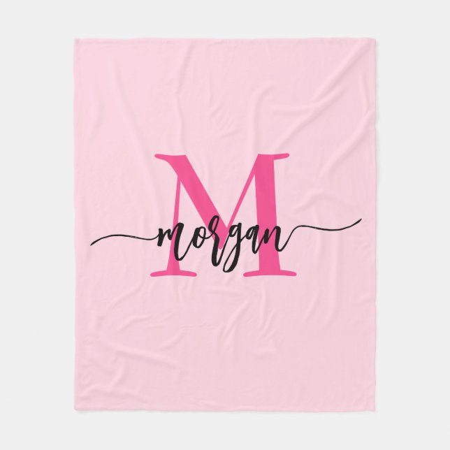 Shock rosa Modern Script Girly Monogram Namn Fleecefilt (Framsidan)