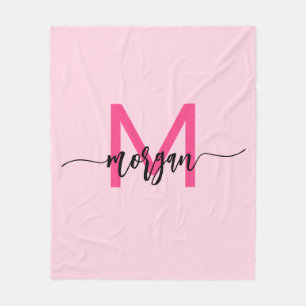 Shock rosa Modern Script Girly Monogram Namn Fleecefilt