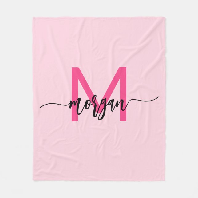Shock rosa Modern Script Girly Monogram Namn Fleecefilt (Framsidan)