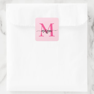 Shock rosa Modern Script Girly Monogram Namn Fyrkantigt Klistermärke