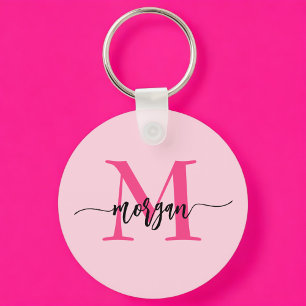 Shock rosa Modern Script Girly Monogram Namn Nyckelring