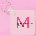 Shock rosa Modern Script Girly Monogram Namn Nyckelring<br><div class="desc">Behålla nycklar i stil med vår Shock rosa, moderna skriptkedja med gigantiskt monogram Namn-nyckelkedja! Den här nyckelkedjan har en sjudande shock rosa och är en personlig med ditt namn i ett modernt skript i chicen för en anpassningsbar och ett modest tryck. Perfekt för att tillföra lite luft till nycklar eller...</div>