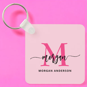 Shock rosa Modern Script Girly Monogram Namn Nyckelring