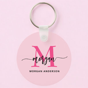 Shock rosa Modern Script Girly Monogram Namn Nyckelring