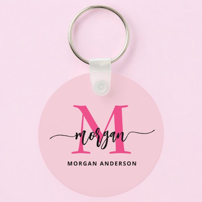 Shock rosa Modern Script Girly Monogram Namn Nyckelring (Skapare uppladdad)