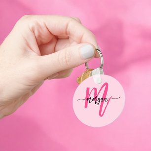 Shock rosa Modern Script Girly Monogram Namn Nyckelring