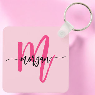 Shock rosa Modern Script Girly Monogram Namn Nyckelring