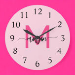 Shock rosa Modern Script Girly Monogram Namn Stor Klocka<br><div class="desc">Gör ett fet påstående i ditt rum med vår Shock rosa Modern Script Girly Monogram Namn Large Clock! Den här klockan har en sjudande shock rosa och personlig med ditt namn i ett modernt skript i eleganten och lägger till snyggt och personlig beröring till vilket rum som helst. Perfekt för...</div>