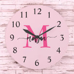 Shock rosa Modern Script Girly Monogram Namn Stor Klocka<br><div class="desc">Gör ett fet påstående i ditt rum med vår Shock rosa Modern Script Girly Monogram Namn Large Clock! Den här klockan har en sjudande shock rosa och personlig med ditt namn i ett modernt skript i eleganten och lägger till snyggt och personlig beröring till vilket rum som helst. Perfekt för...</div>