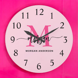 Shock rosa Modern Script Girly Monogram Namn Stor Klocka