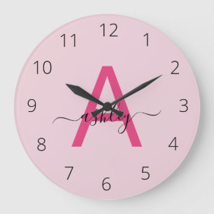 Shock rosa Modern Script Girly Monogram Namn Stor Klocka