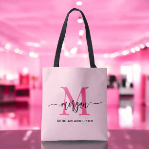 Shock rosa Modern Script Girly Monogram Namn Tygkasse
