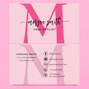 Shock rosa Modern Script Girly Monogram Namn Visitkort