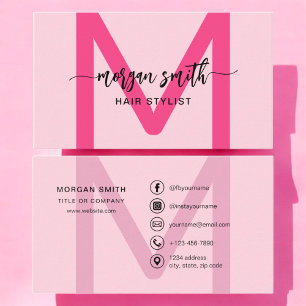 Shock rosa Modern Script Girly Monogram Namn Visitkort