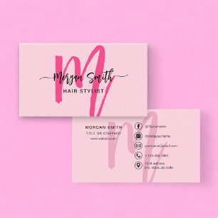 Shock rosa Modern Script Girly Monogram Namn Visitkort