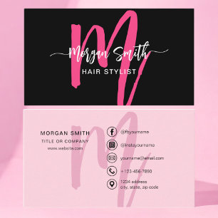 Shock rosa Modern Script Girly Monogram Namn Visitkort