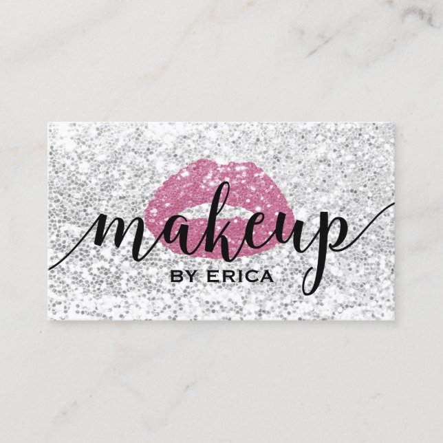 Shock rosa Modern Silver Sequins Makeup Artist Visitkort (Framsida)