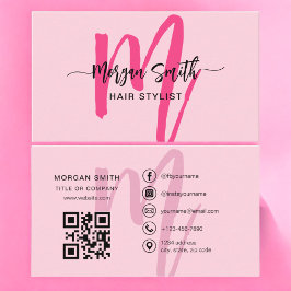 Shock rosa Modern skript QR-kodmonogram Namn Visitkort