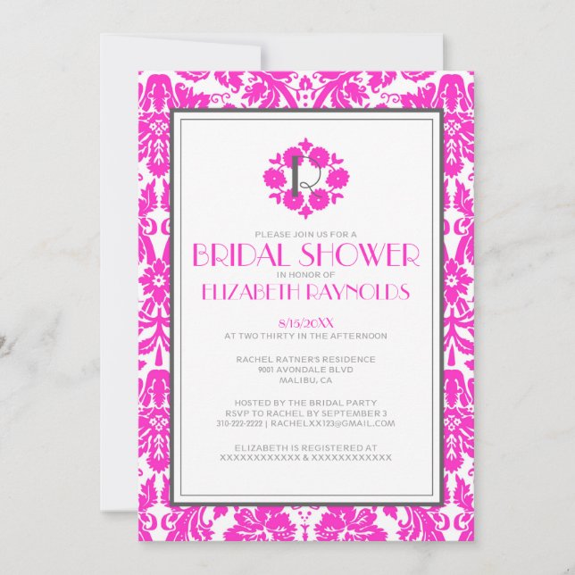 Shock rosa Monogram Damask Inbjudningskort för möh (Framsida)