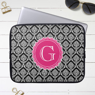 Shock rosa Monogram för svart Blommigt - skugga Laptop Sleeve