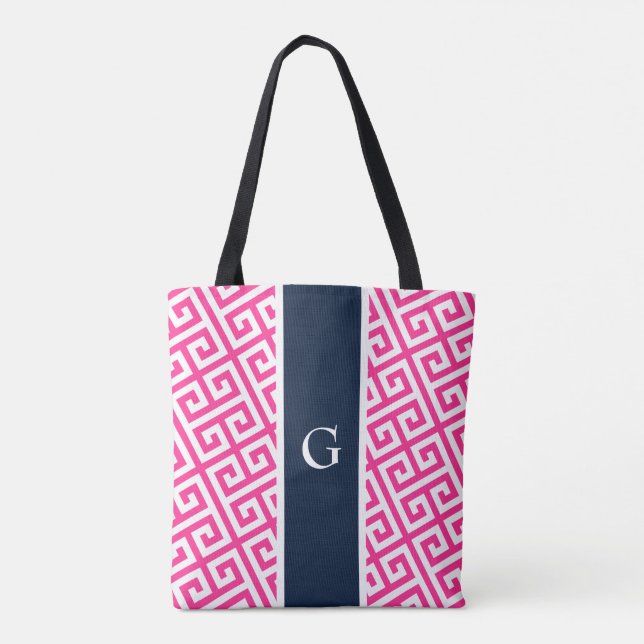 shock rosa Monogram Grekiska Nyckel Tote Bag Tygkasse (Baksida)