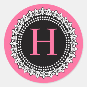 Shock rosa Monogram H Fleur de Lis Bröllop Sticker Runt Klistermärke