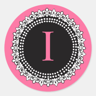 Shock rosa Monogram I Fleur de Lis Bröllop Sticker Runt Klistermärke