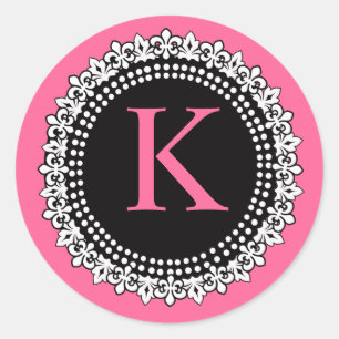 Shock rosa Monogram K Fleur de Lis Bröllop Sticker Runt Klistermärke