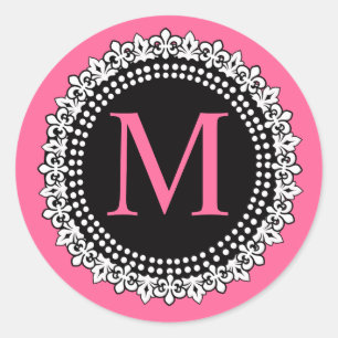 Shock rosa Monogram M Fleur de Lis Bröllop Sticker Runt Klistermärke