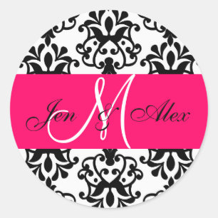 Shock rosa Monogram Namn Damask Wedding Seal Runt Klistermärke