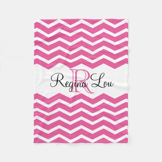 Shock rosa Monogram Namn Keepsaktuella Chevron Gir Fleecefilt (Framsidan)