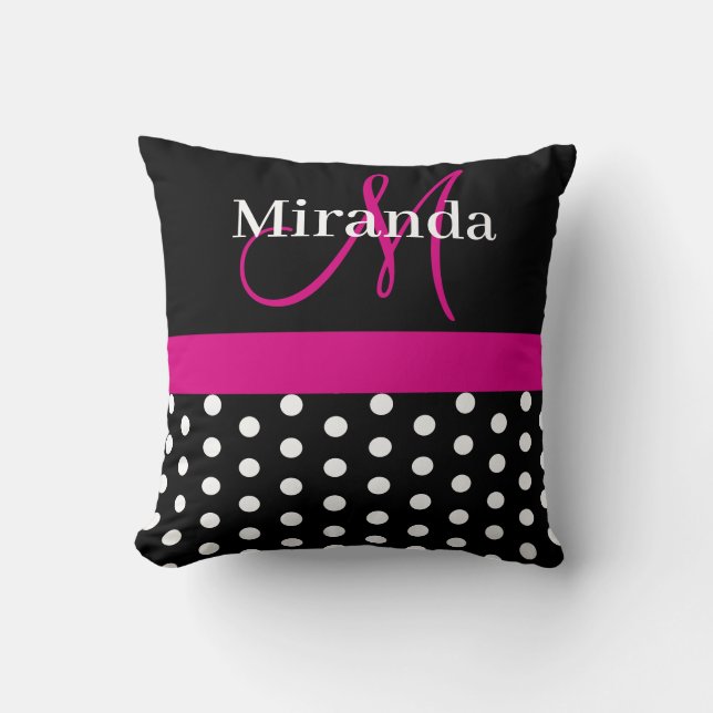 Shock rosa Monogram Polka dots Dekorativ kudde (Framsida)