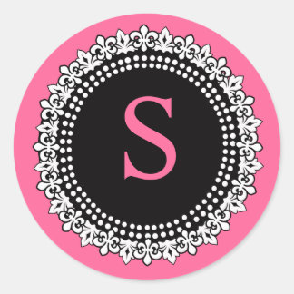 Shock rosa Monogram S Fleur de Lis Bröllop Sticker Runt Klistermärke