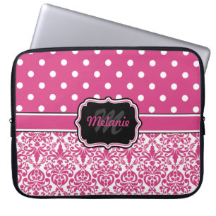Shock rosa Monogrammed Damask Polka-punkt Laptop Fodral