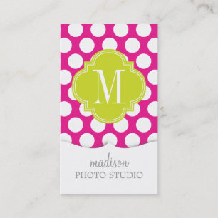 Shock rosa & Monogrammed grön stor polka dots fö Visitkort