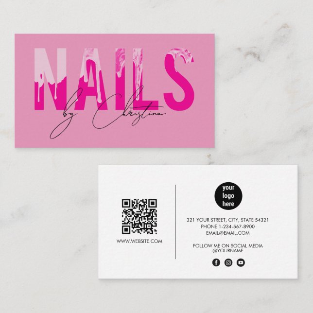Shock rosa Nagel Drift Nail Art Manicuc QR-kod Visitkort (Fram/baksida)