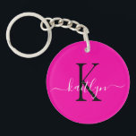 Shock rosa Namn Initial Monogram<br><div class="desc">Den moderna nyckelkedjan shock rosa med det första namn i ett trendig-skript i vitt och det första i ett modernt teckensnitt i svart är perfekt för nycklar.</div>