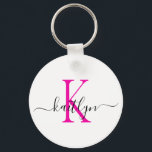 Shock rosa Namn Initial Monogram Nyckelring<br><div class="desc">Den här moderna nyckelkedjan med det första namn i ett trendig med skript i svart och det första i ett modernt teckensnitt i shock rosa är perfekt för nycklar.</div>