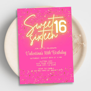 Shock rosa Neon Glow Guld Glitter Sweet 16 Birthda Inbjudningar