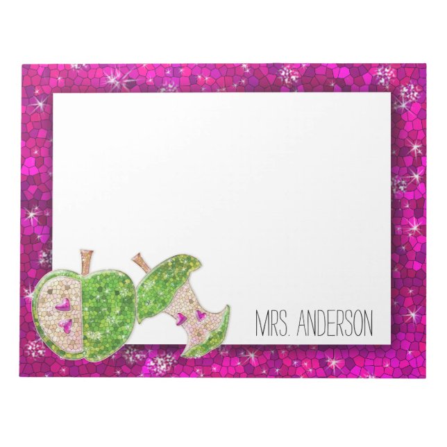 Shock rosa Neon Grönt Teacher Apple Classroom Namn Anteckningsblock (Framsida)