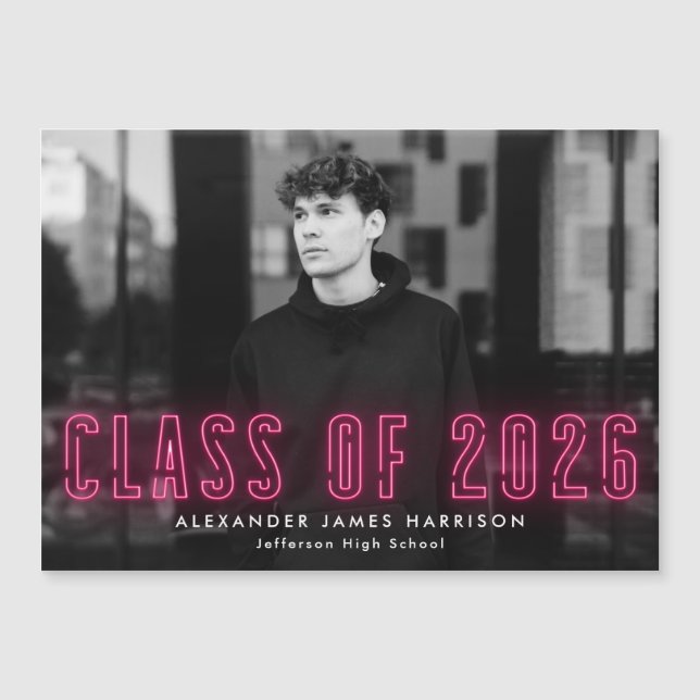 Shock rosa Neon-klass för 2023 Photo Studenten Magnetisk Inbjudningskort (Framsida)